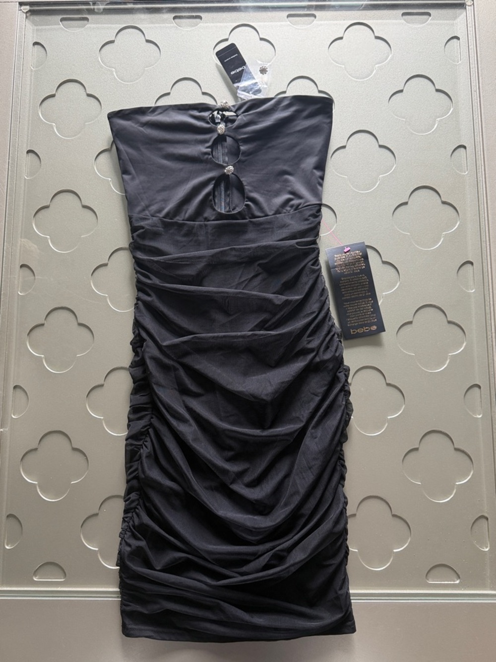 🆕 BEBE Black Tube Mini Dress Strapless Bodycon Cutouts Crystals Women’s Size XXS - Picture 11 of 16